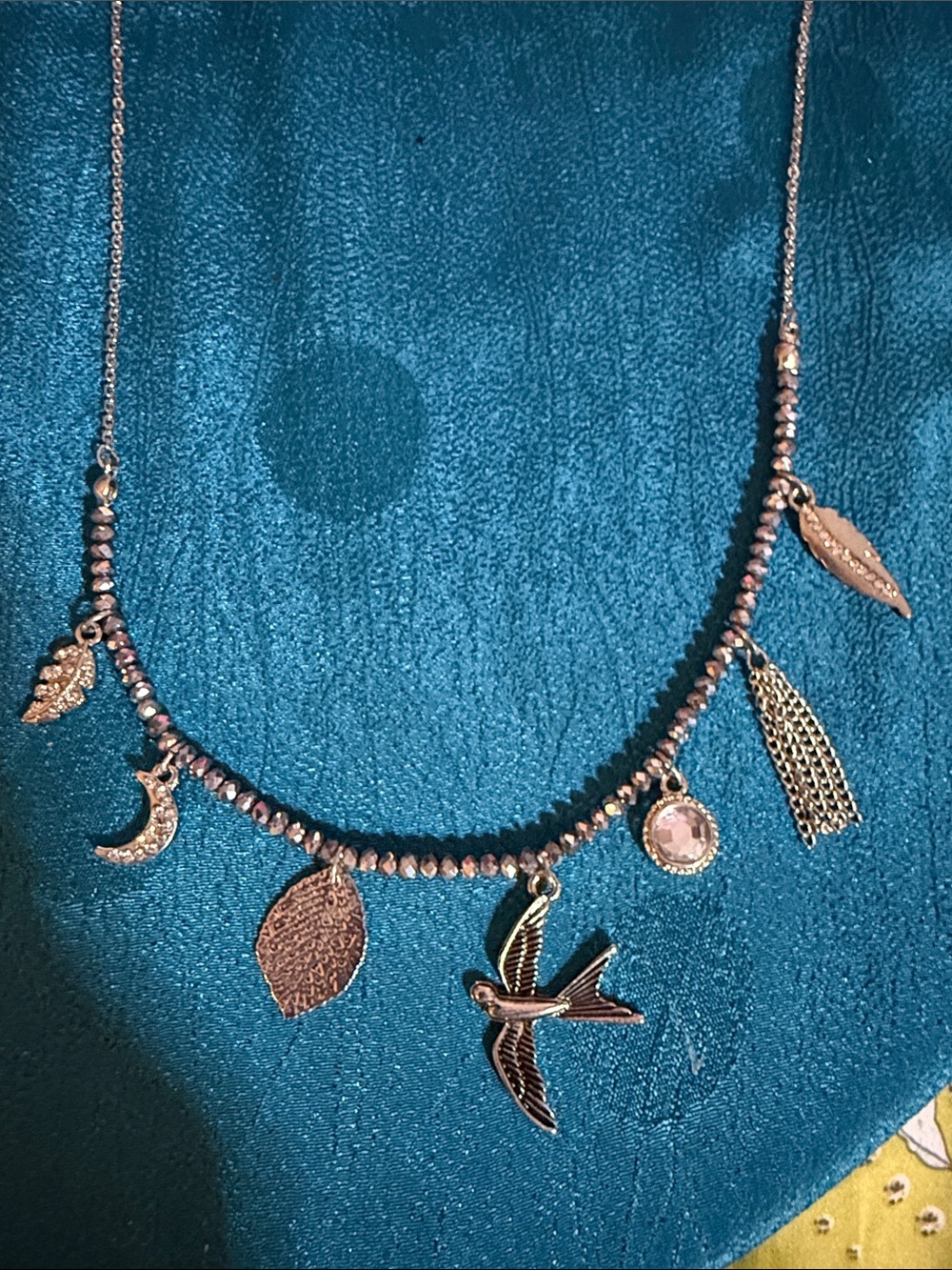 Gold-Tone Charm Necklace with Bird & Leaf Accents